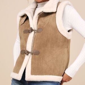 Lulus Classic Cozy Tan Shearling Toggle Vest Brown - Size XS